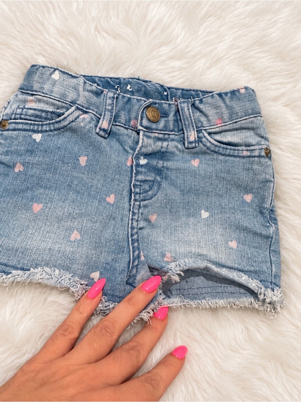 Girls' Light Blue Heart Print Denim Shorts